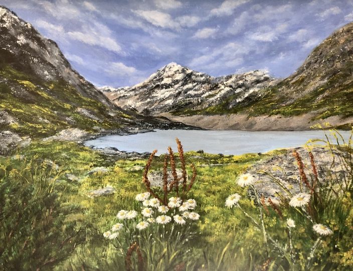 Hory a jezero .Akryl 50x70cm