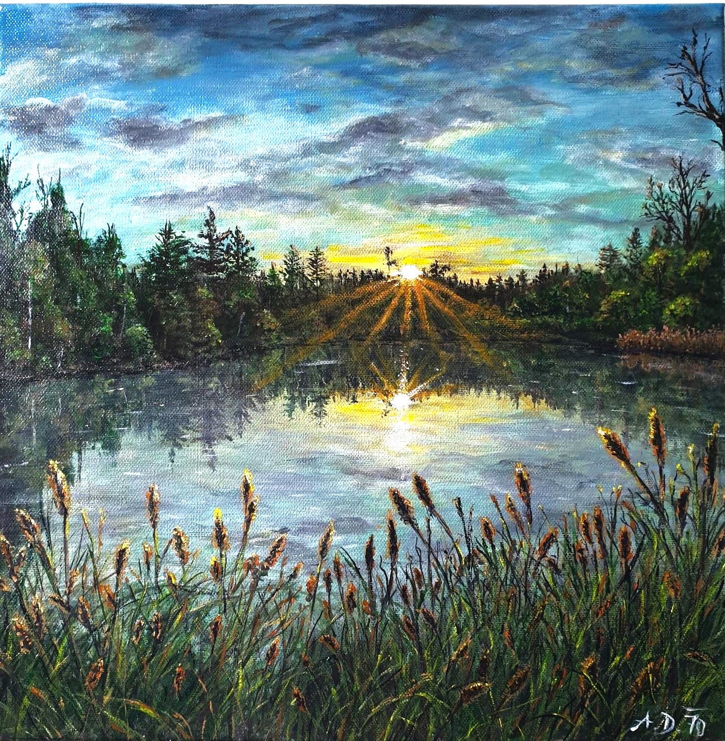 Rybník a západ slunce 50x50 cm.