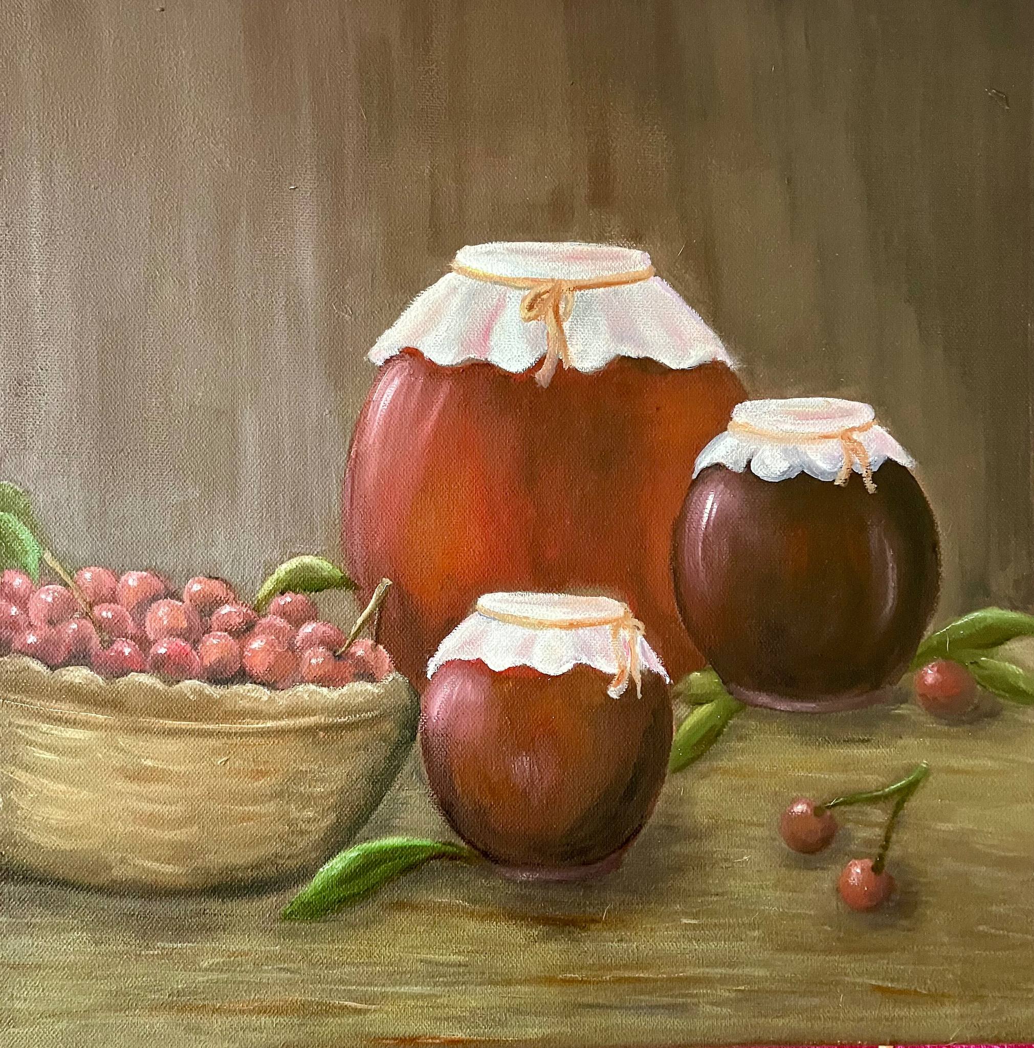 Zátiší a třešně. Olej 50x50cm
